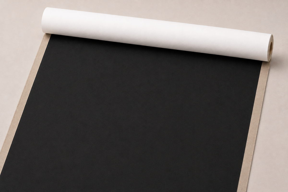 Black gesso-primed cotton canvas, cut to size and partly unrolled from a tube