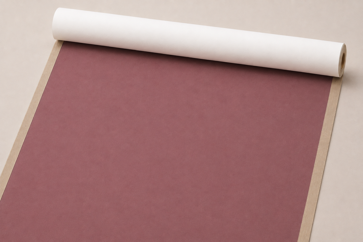 Red grey gesso-primed cotton canvas, cut to size and partly unrolled from a tube